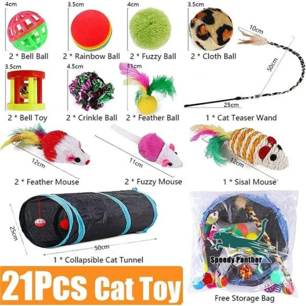 21 Pcs Cat Toys for Indoor Cats Collapsible Cat Tunnel Interactive Feather